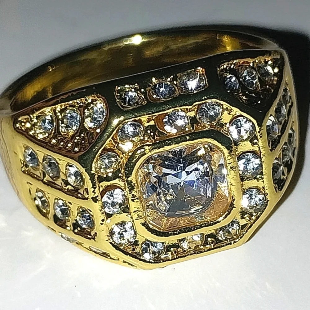 Classic Men's Gold and Silver Art Deco Ring with Diamond Accents Sz 11